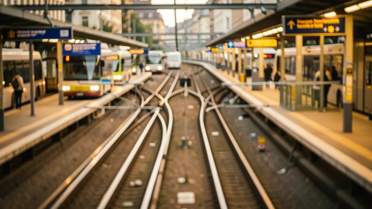 Imagen abstracta de una red de transporte compleja y confusa con vías de tren y rutas de autobús.