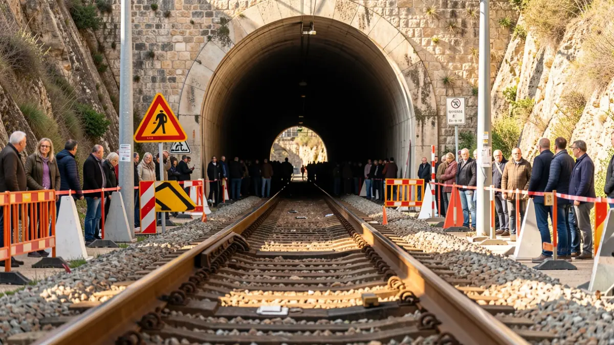 Imagen genérica de la entrada de un túnel ferroviario con señales de precaución.