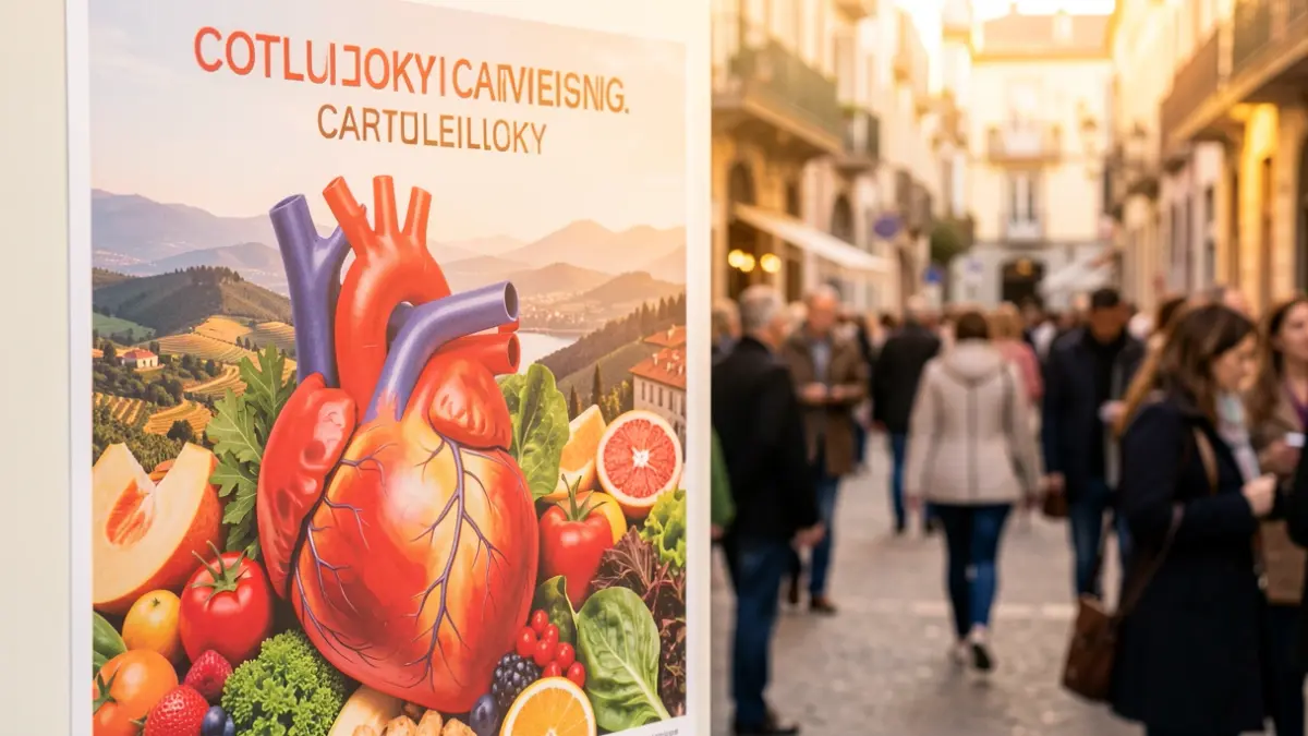 Imagen genérica de un cartel de diseño gráfico con elementos de cardiología y paisaje.