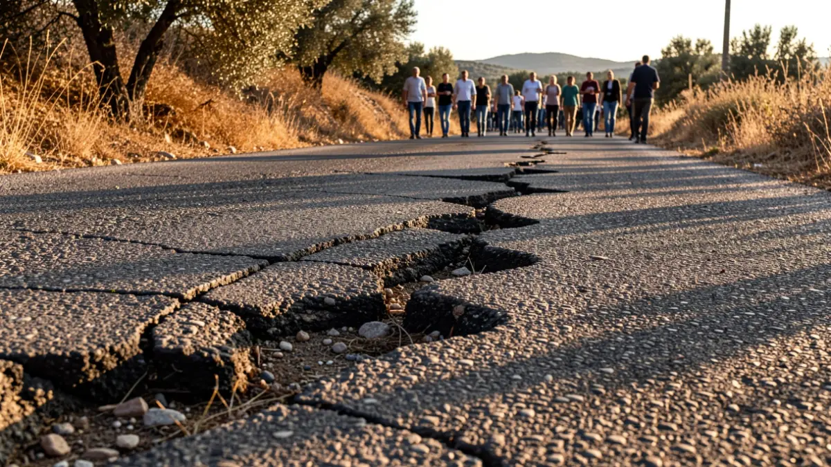 Generic image of a damaged rural road with cracks and potholes.