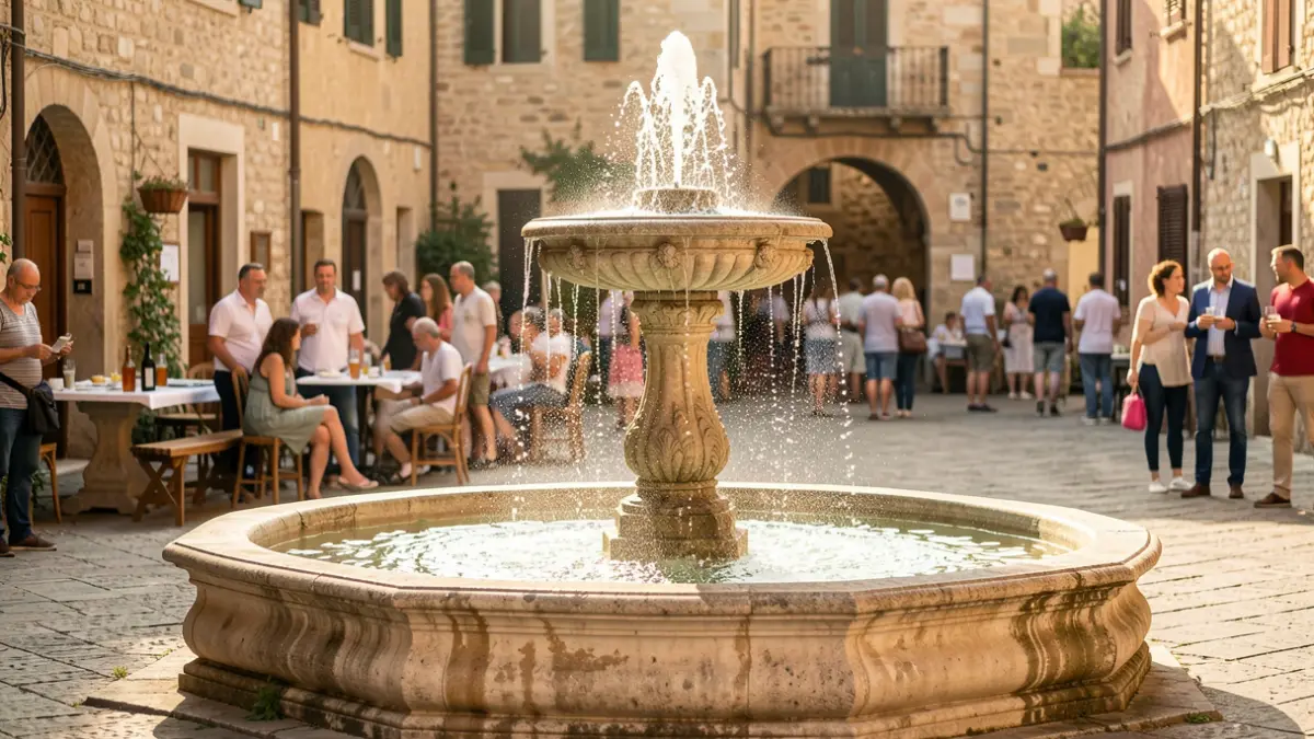 Generic image of a public fountain with people around seeking refreshment.