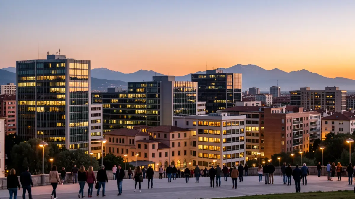 Vista de la ciutat de Sabadell amb edificis tecnològics i muntanyes al fons.