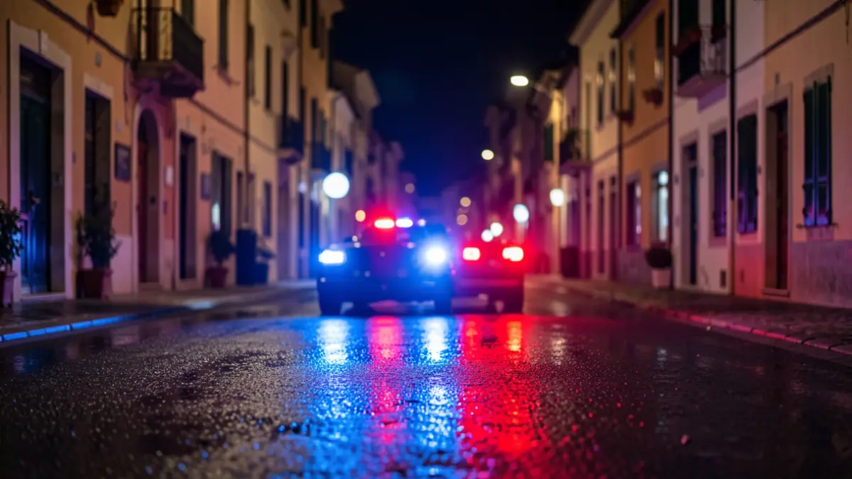 Imagen genérica de luces de emergencia policiales reflejadas en asfalto mojado durante la noche.
