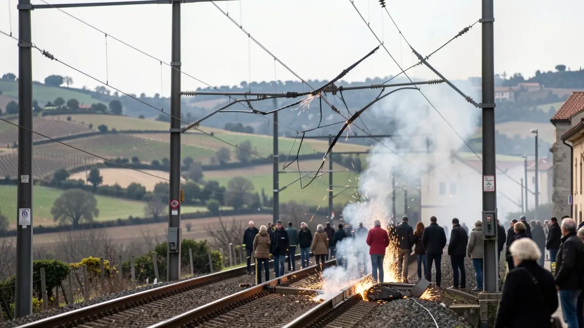 Imatge genèrica de la catenària d'un tren danyada.