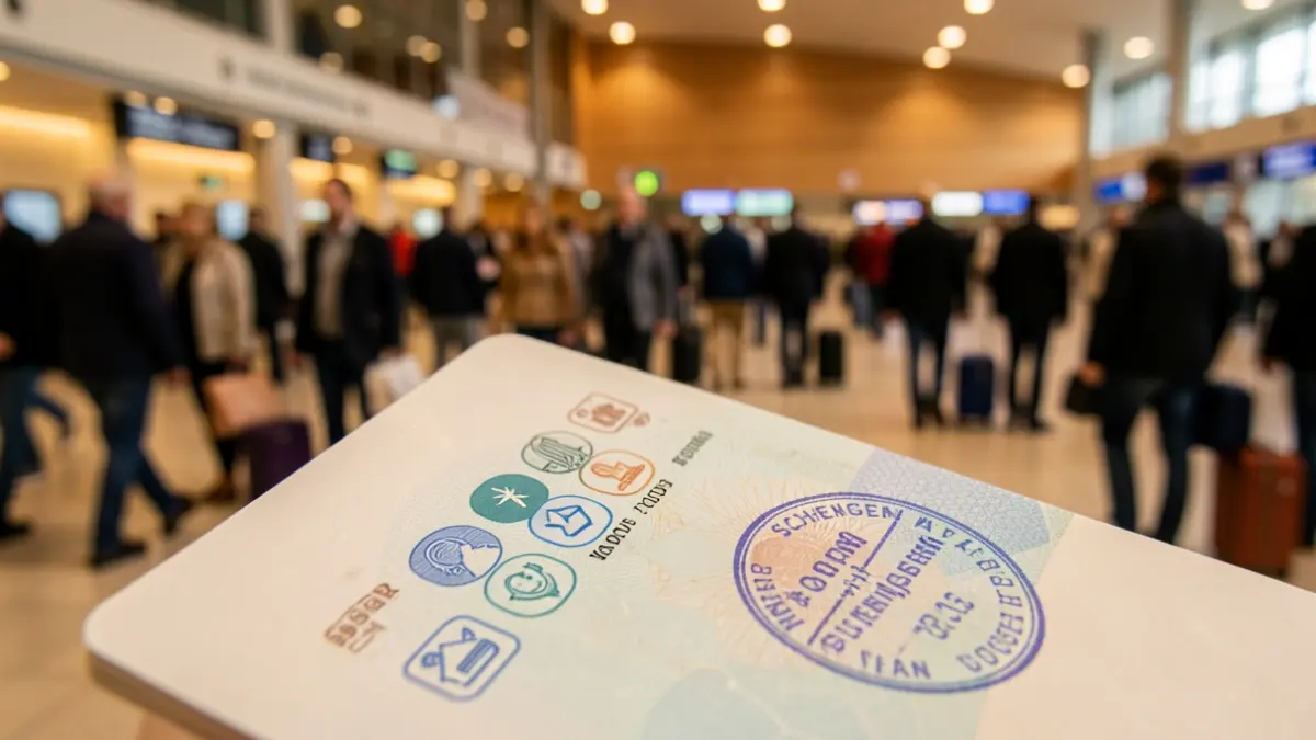 Imatge genèrica de passaport amb icones de dades biomètriques i segell de l'espai Schengen.