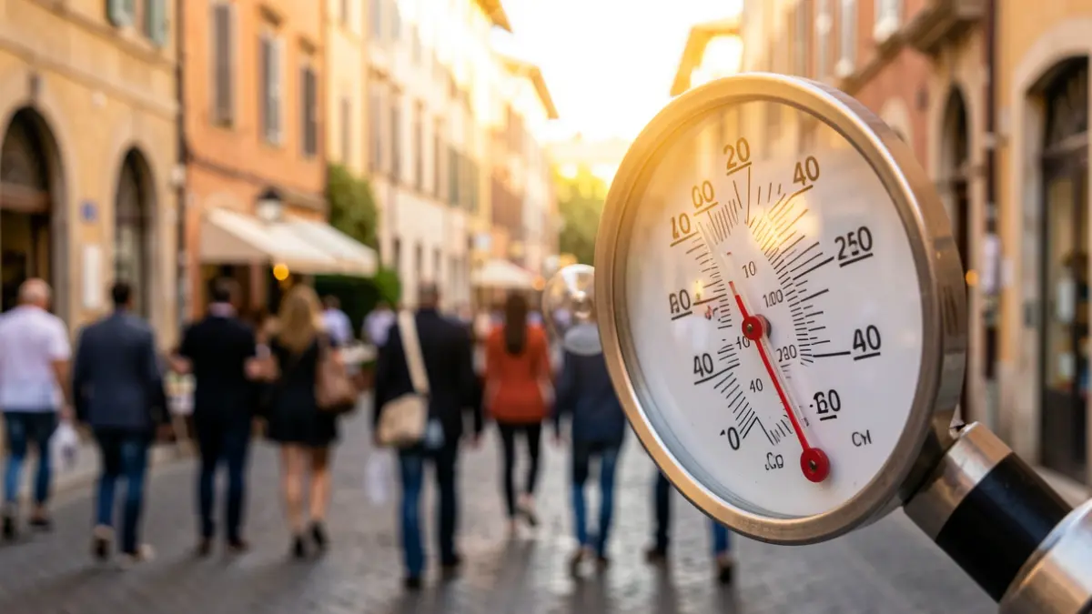 Thermometer showing high temperature on a Mediterranean street.