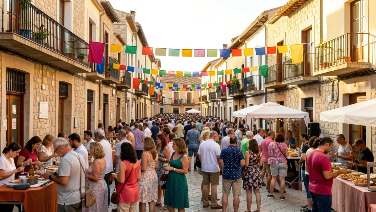 Imagen genérica de una plaza de pueblo catalán llena de actividades durante una fiesta mayor.