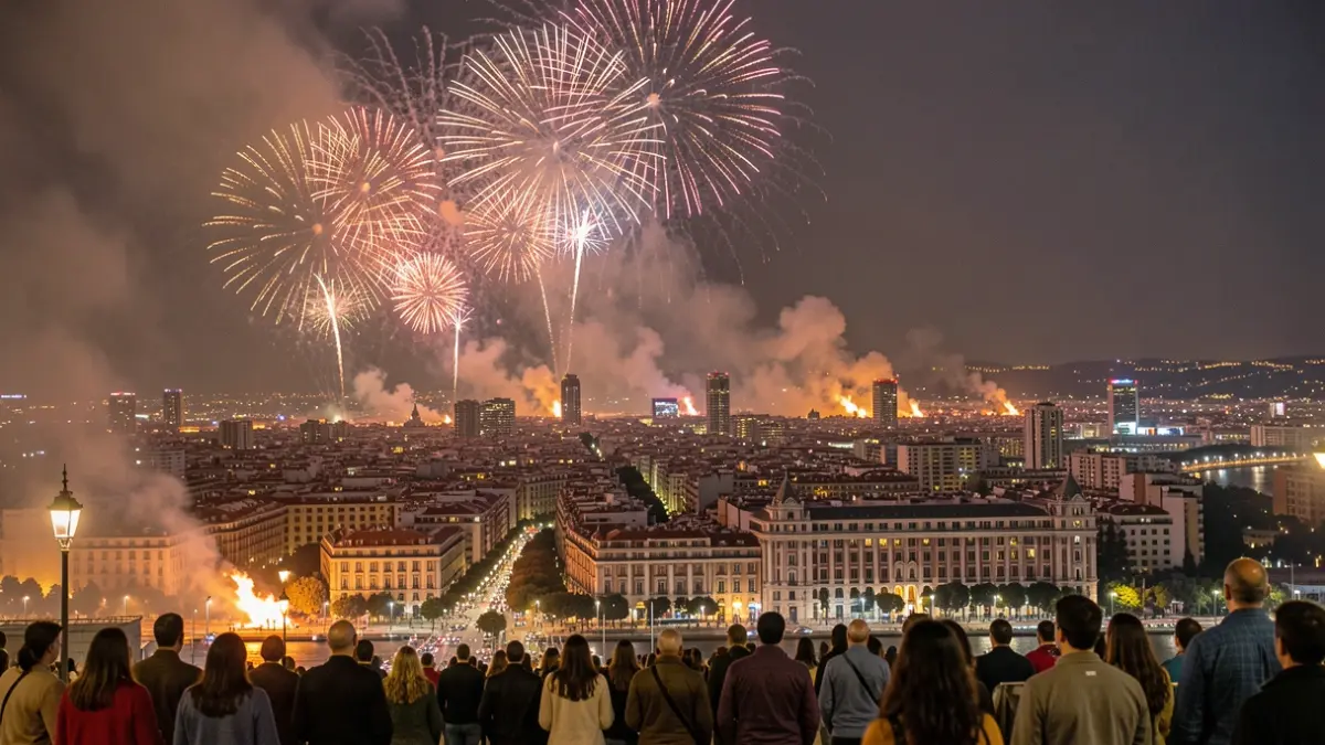 Generic image of fireworks and pollution haze over Barcelona.