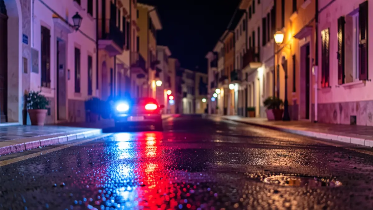 Generic image of police emergency lights reflecting on wet asphalt.