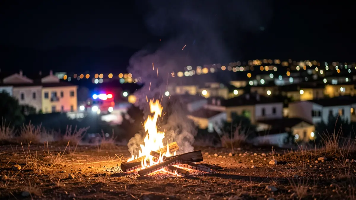 Generic image of a small night fire with blurred smoke and emergency lights.