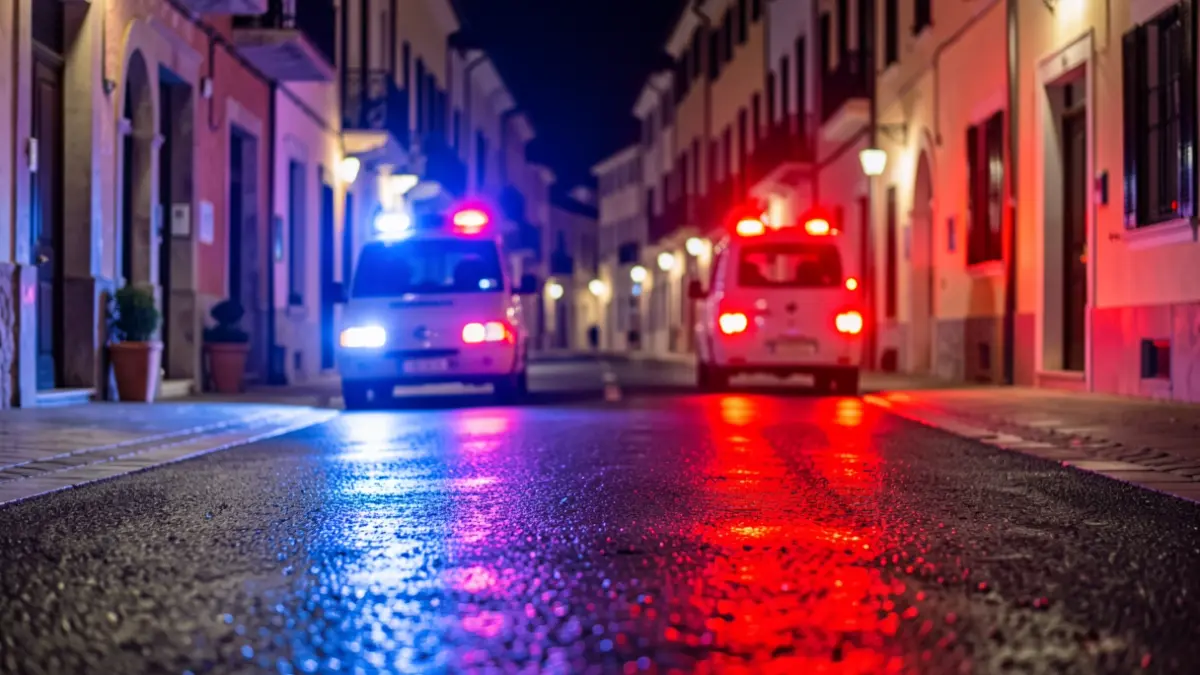 Imatge genèrica de llums d'emergència policials reflectint-se en asfalt mullat a la nit.