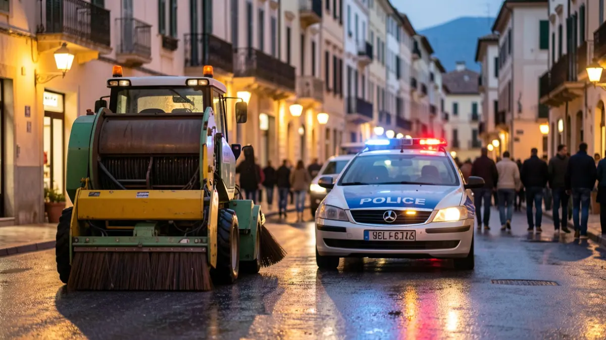 Street cleaning equipment and police vehicle at dusk in a Mediterranean city.