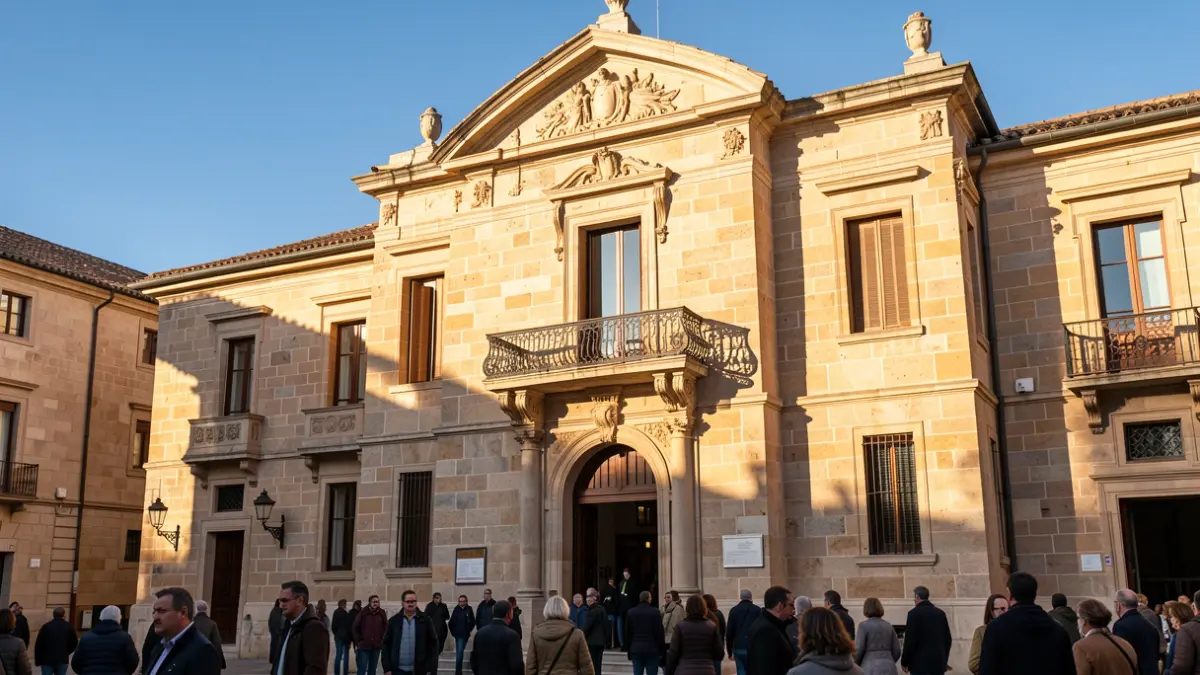 Generic image of a Catalan stone town hall facade with a balcony.