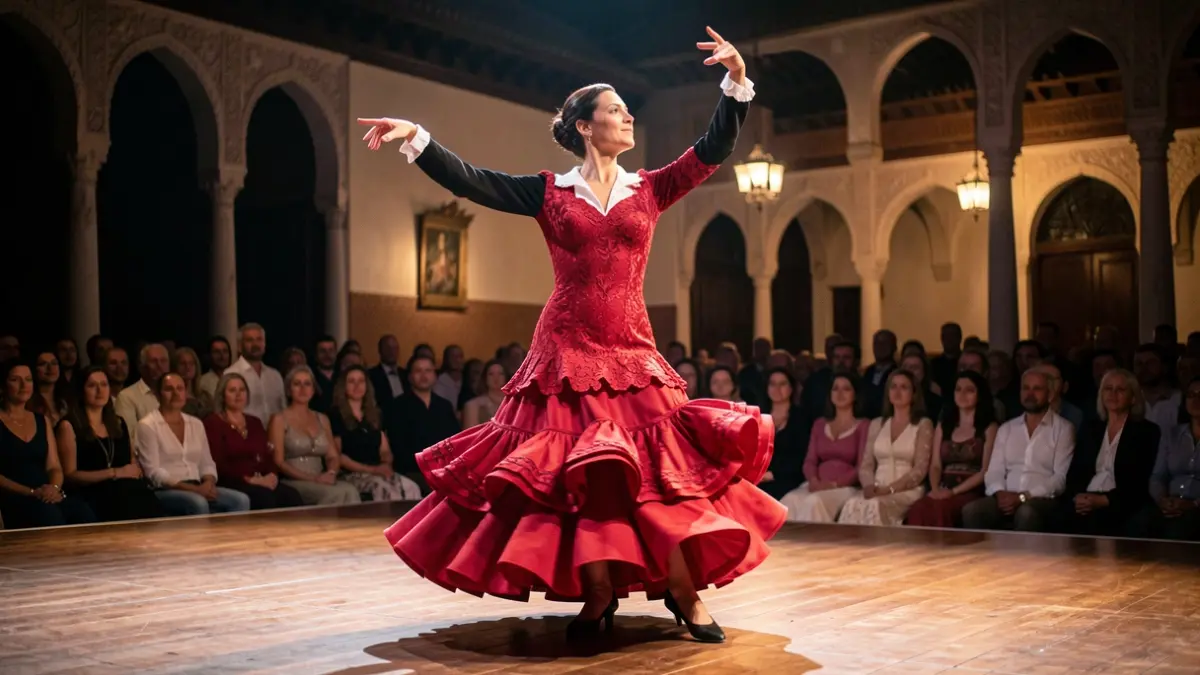 Flamenco dancer in a dynamic pose on a stage.