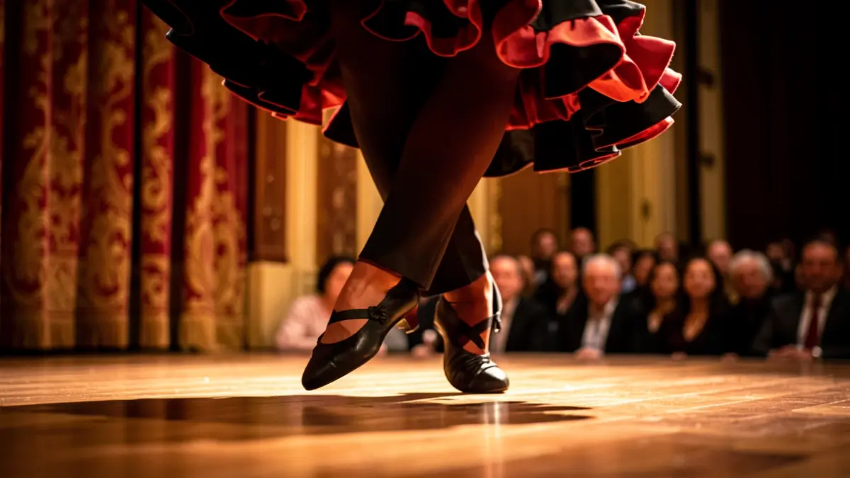 Primer pla dels peus d'una ballarina de flamenc en moviment sobre un escenari.
