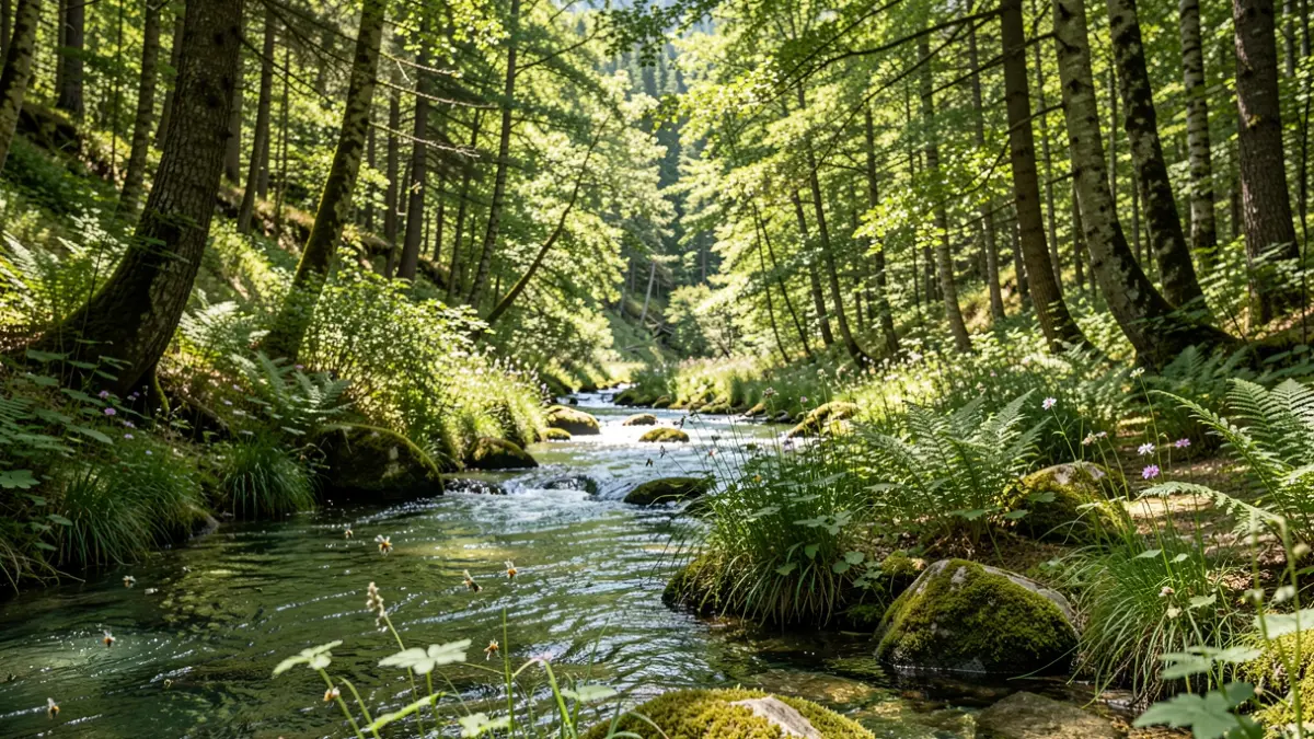 Generic image of a riparian forest with abundant vegetation and a stream.