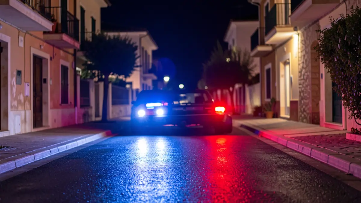 Imatge genèrica de llums d'emergència policials reflectint-se en asfalt mullat a la nit.