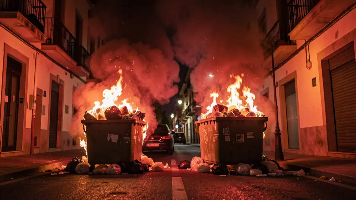 Imatge de dos contenidors en flames al carrer Simancas de Badalona.