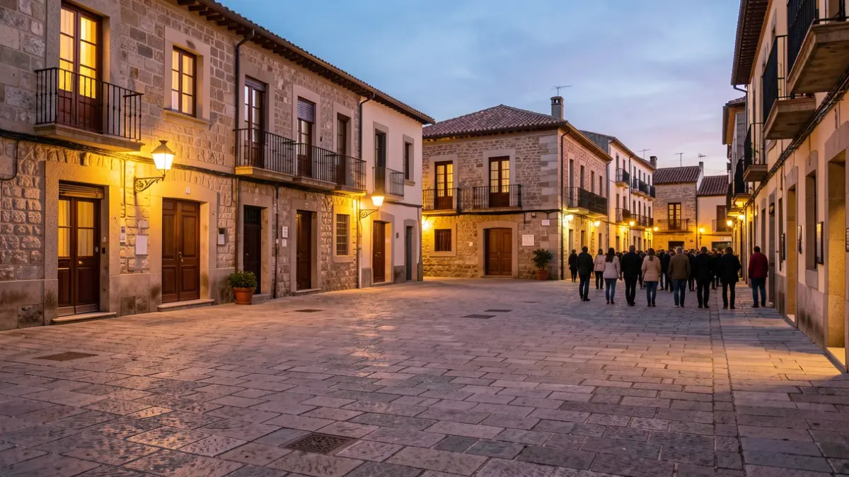 Mediterranean village square at dusk with warm light.