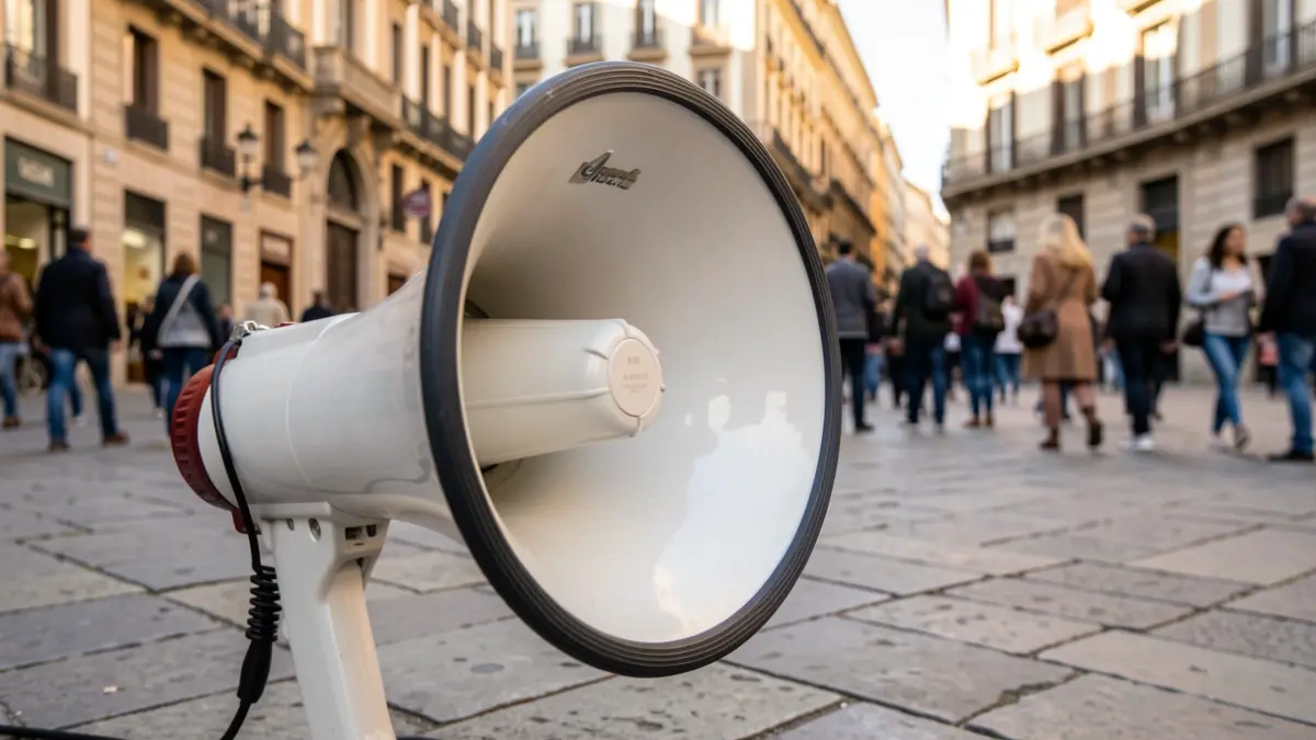 Image of a megaphone in an urban setting in Barcelona.