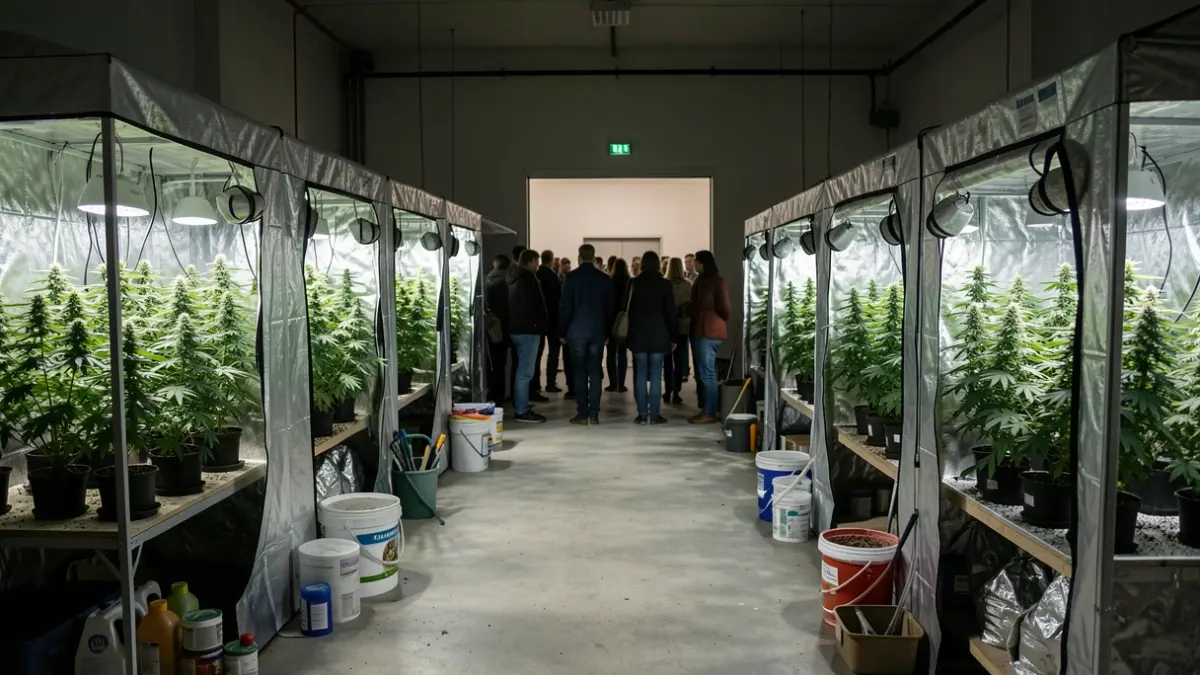 Interior d'una plantació de marihuana indoor amb diverses tendes de cultiu i plantes.
