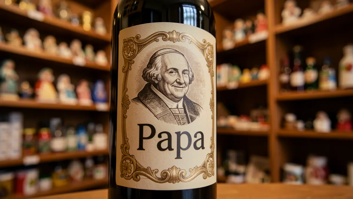 Ampolla de vi negre amb etiqueta del Papa com a record turístic.