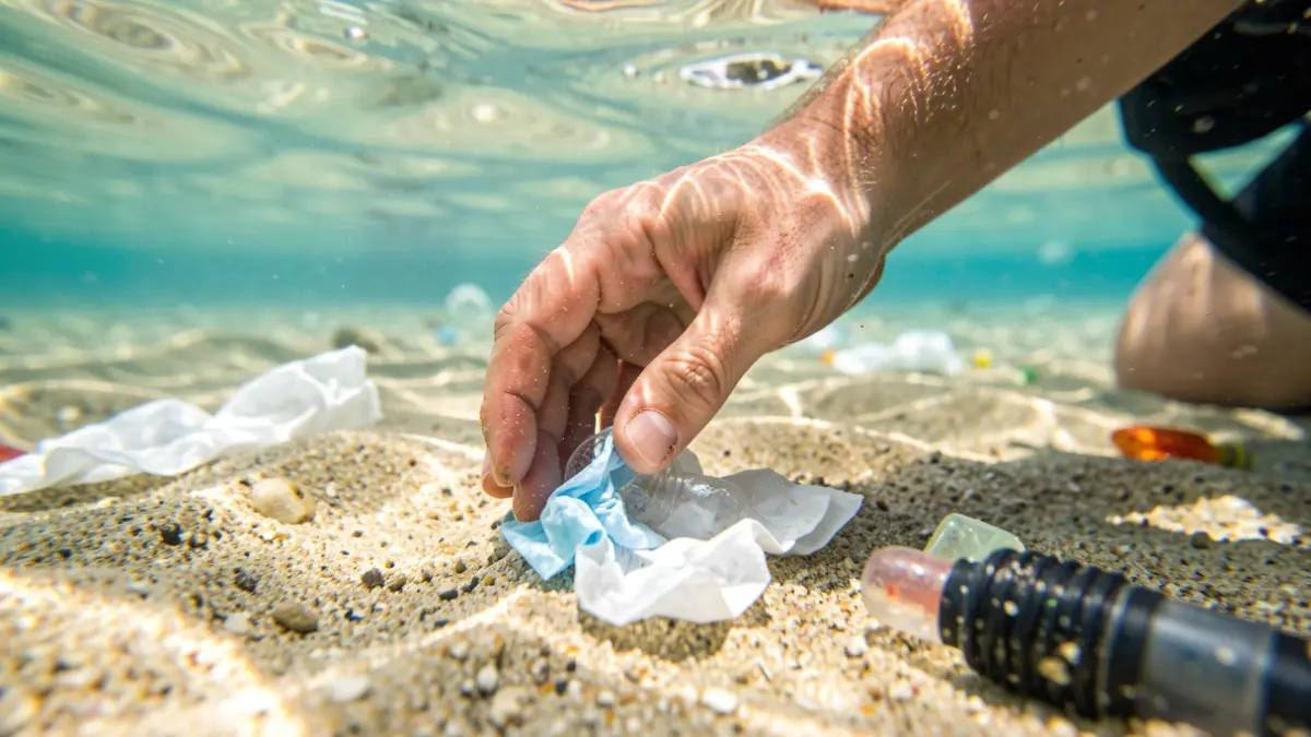 Divers collecting waste from the seabed during a cleanup operation.