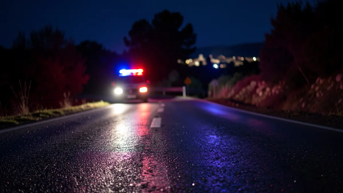 Imatge genèrica de llums d'emergència reflectint-se en un asfalt mullat de nit.