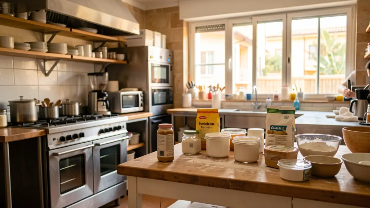 Interior of a community center kitchen in Catalunya with ingredients for cooking.
