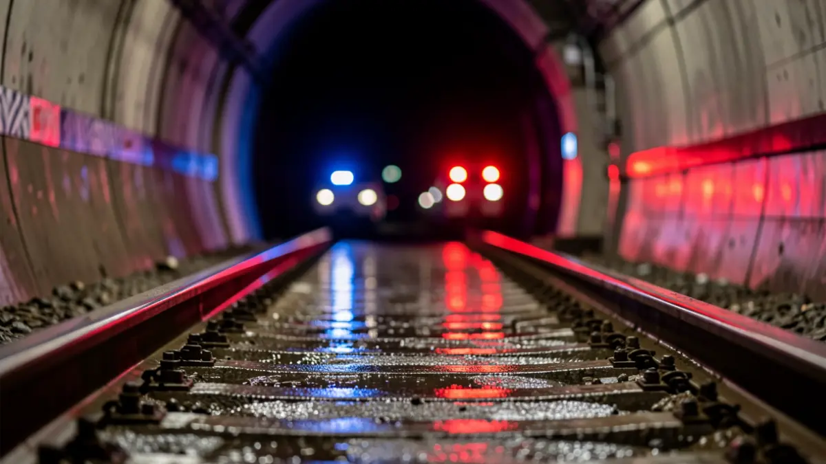 Generic image of subway tracks under construction with emergency lights.