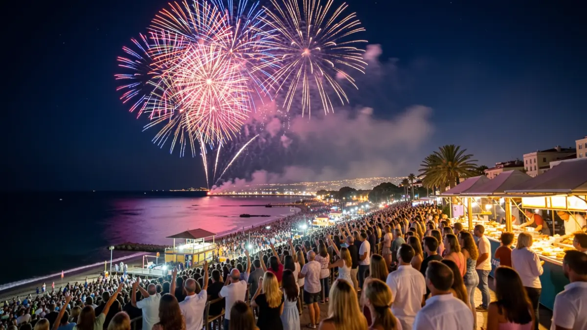 Espectáculo de fuegos artificiales sobre el litoral de Tarragona durante el concurso internacional.