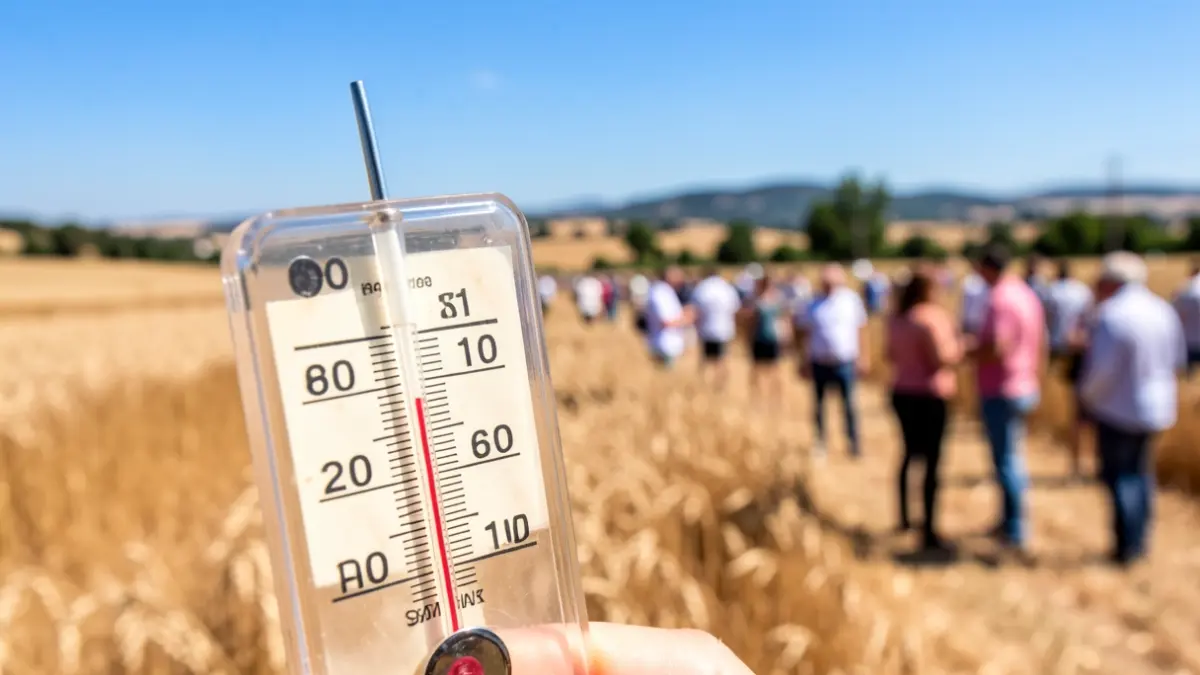 Generic image of a thermometer under intense sun in a Mediterranean landscape.