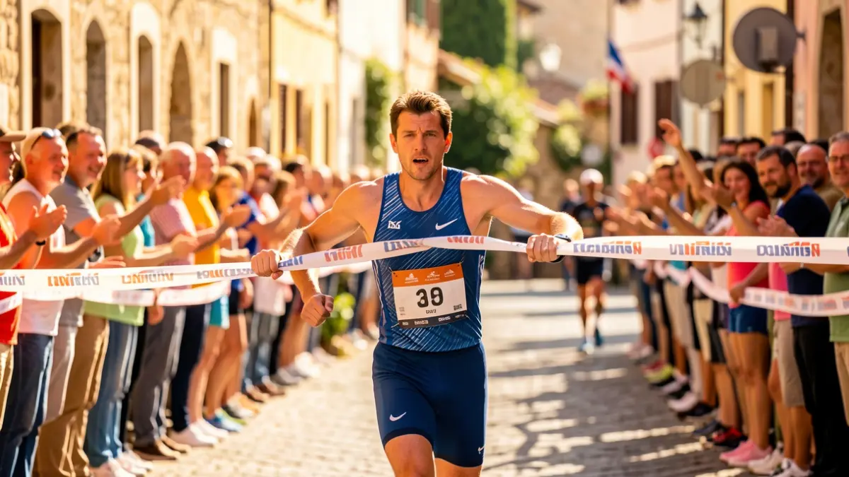 Imagen genérica de un triatleta cruzando la meta con aficionados animando.
