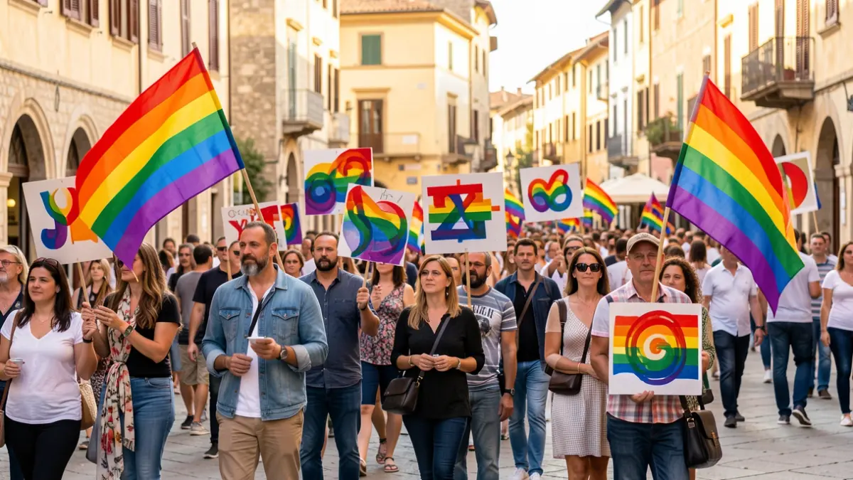 Imagen genérica de un desfile del Orgullo con pancartas y banderas arcoíris.