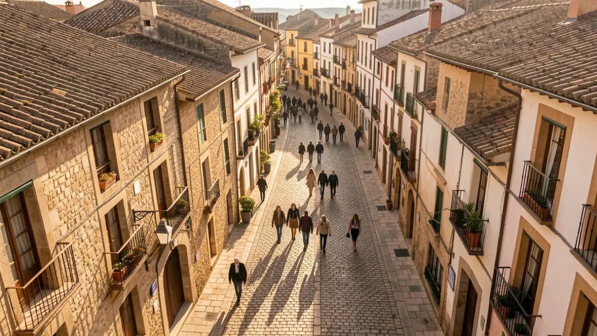 Aerial view of Tàrrega's historic center with narrow streets and old buildings.