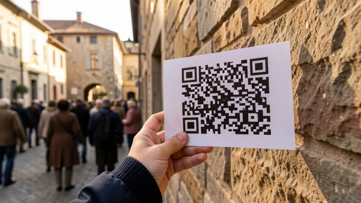 Nena amb un codi QR davant d'un mur antic a Tàrrega.