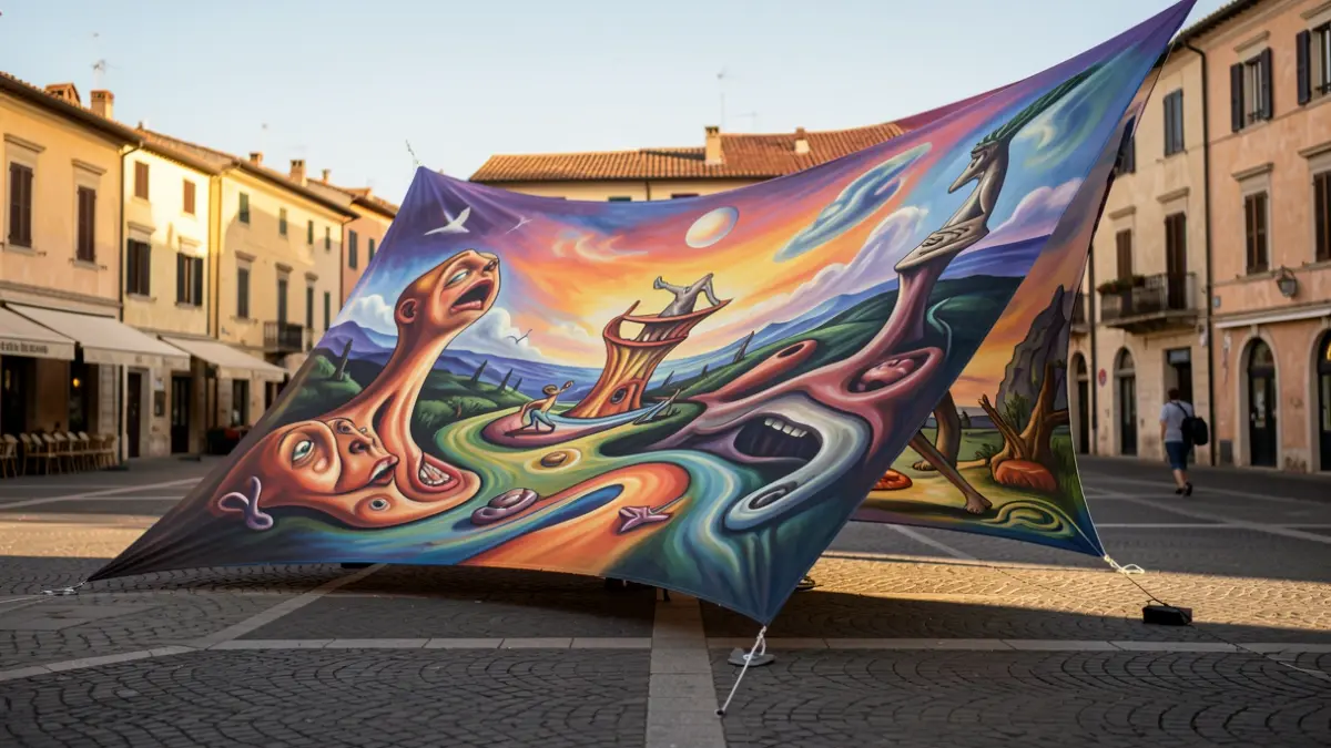 Estructura artística de tela tensada inspirada en Dalí a Figueres.