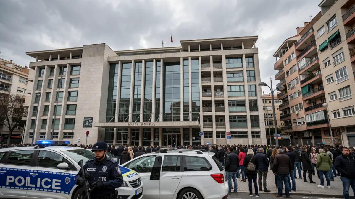 Vista exterior d'un ajuntament amb presència policial a Sant Adrià de Besòs.
