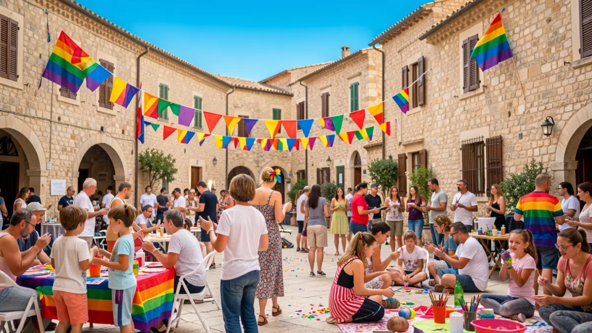 Imagen genérica de un evento LGBTI+ comunitario con decoración colorida y actividades familiares.