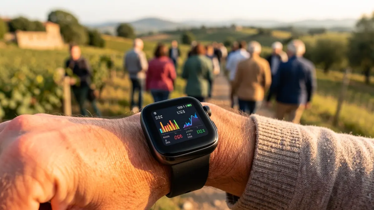 Imagen de una pulsera inteligente monitorizando la salud en un entorno rural catalán.