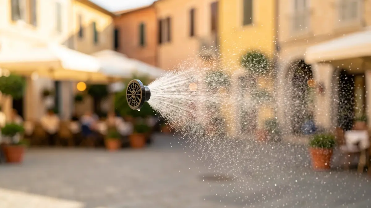 Imagen genérica de un nebulizador rociando agua en un espacio público.