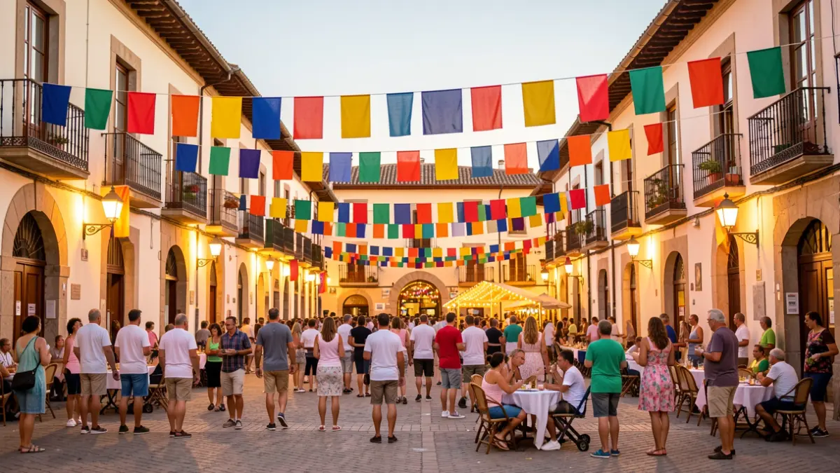 Imagen genérica de una plaza de pueblo llena de actividades durante una fiesta mayor de verano.
