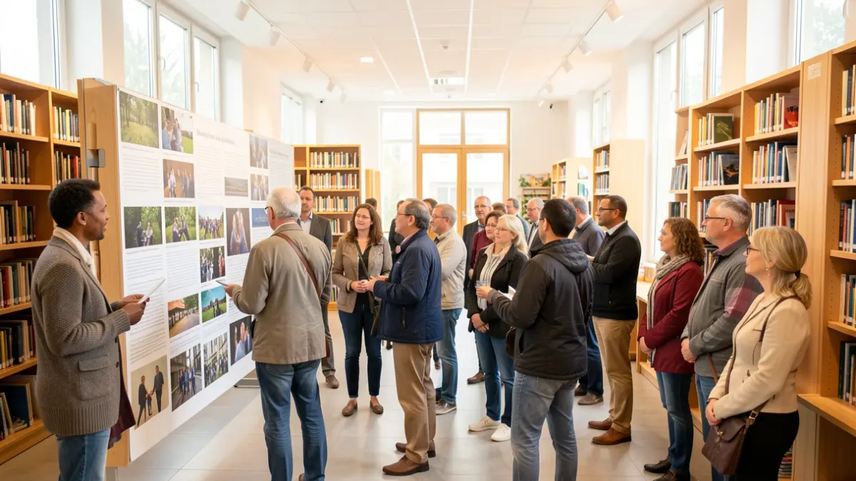 Generic image of a human rights exhibition in a library.