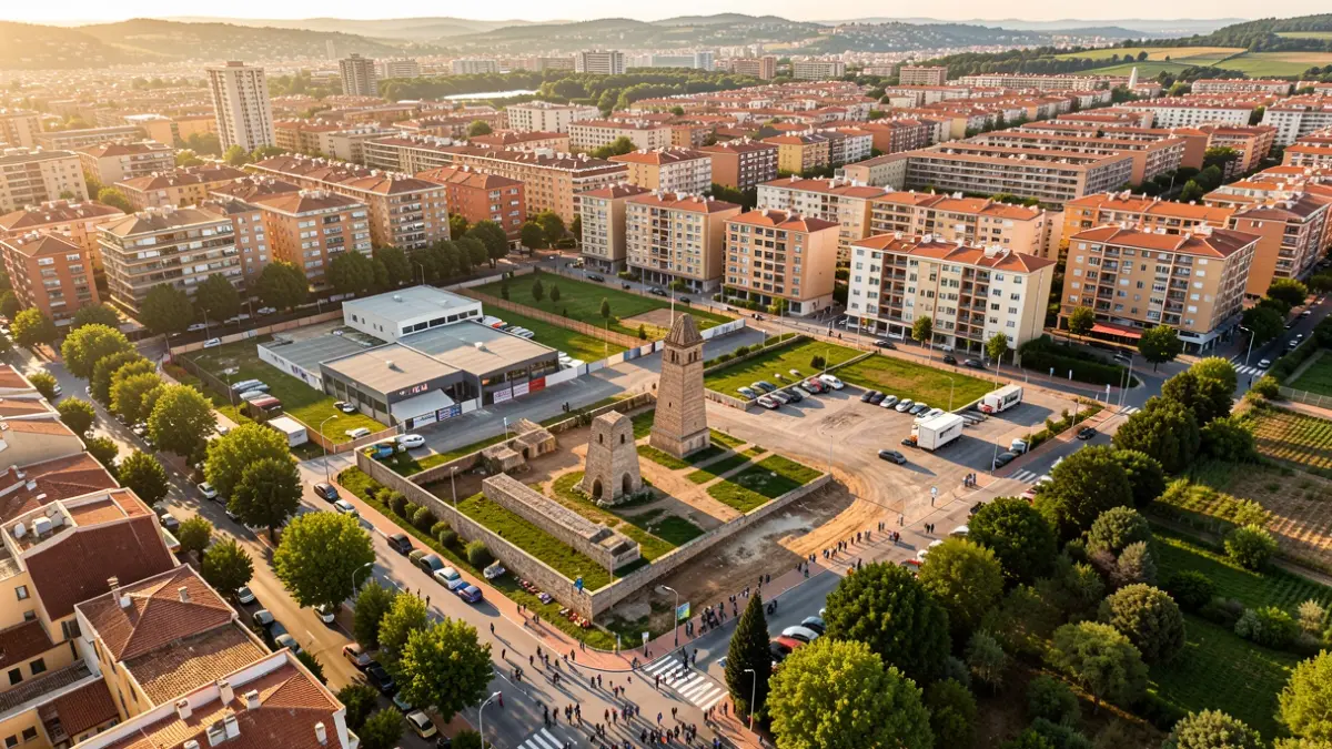 Aerial view of a new residential and leisure complex in Terrassa with a preserved historic chimney.
