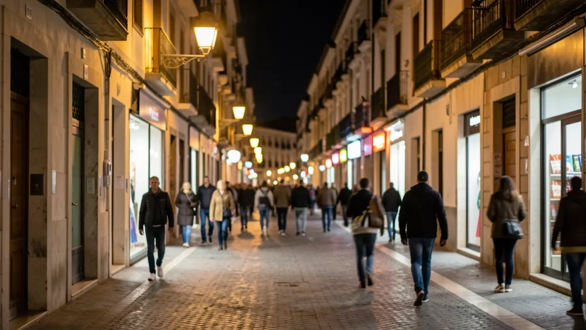 Imatge genèrica d'un carrer de Terrassa a la nit, amb llums difuminades.