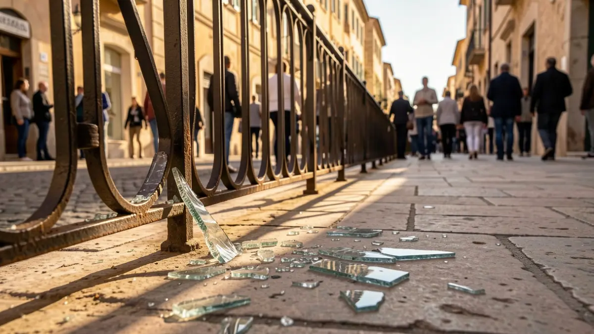 Barana metàl·lica danyada amb vidres trencats a la plaça de les Teixidores de Terrassa.