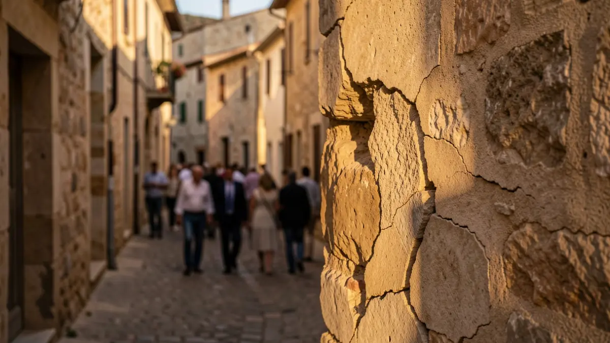 Imatge genèrica de mur de pedra clivellat amb llum càlida.