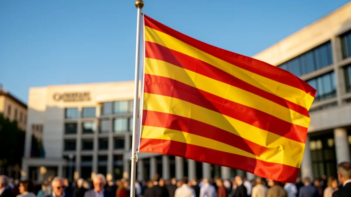 Imatge genèrica de la bandera catalana onejant davant un edifici institucional.