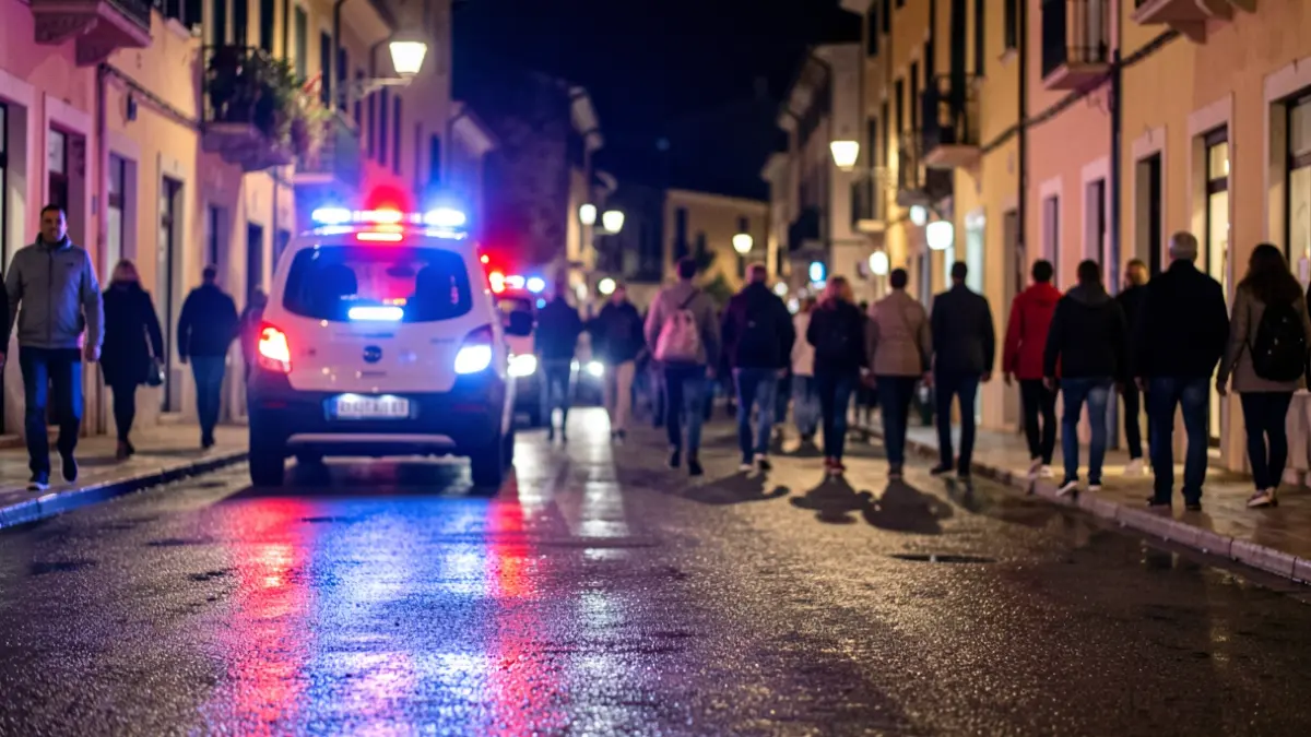 Imatge genèrica de llums d'emergència policials reflectint-se en asfalt mullat a la nit.