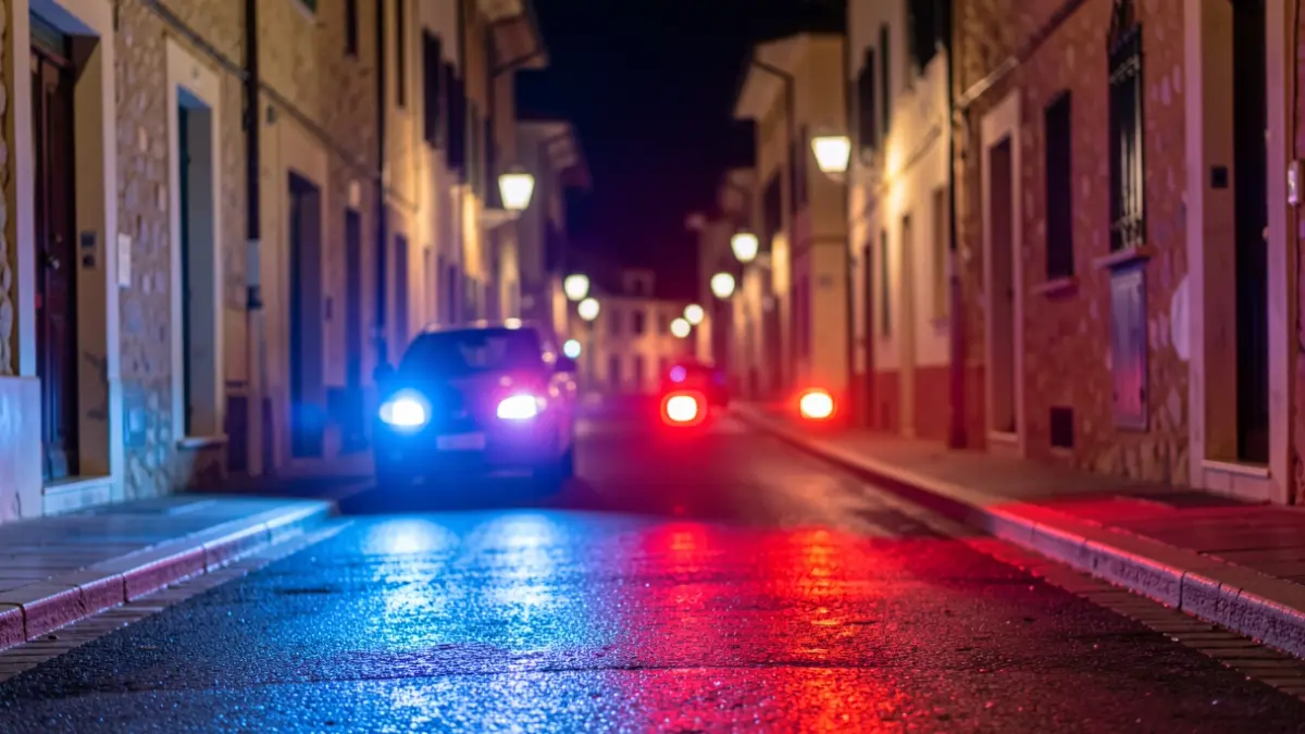 Imagen genérica de luces de emergencia policiales reflejándose en asfalto mojado por la noche.